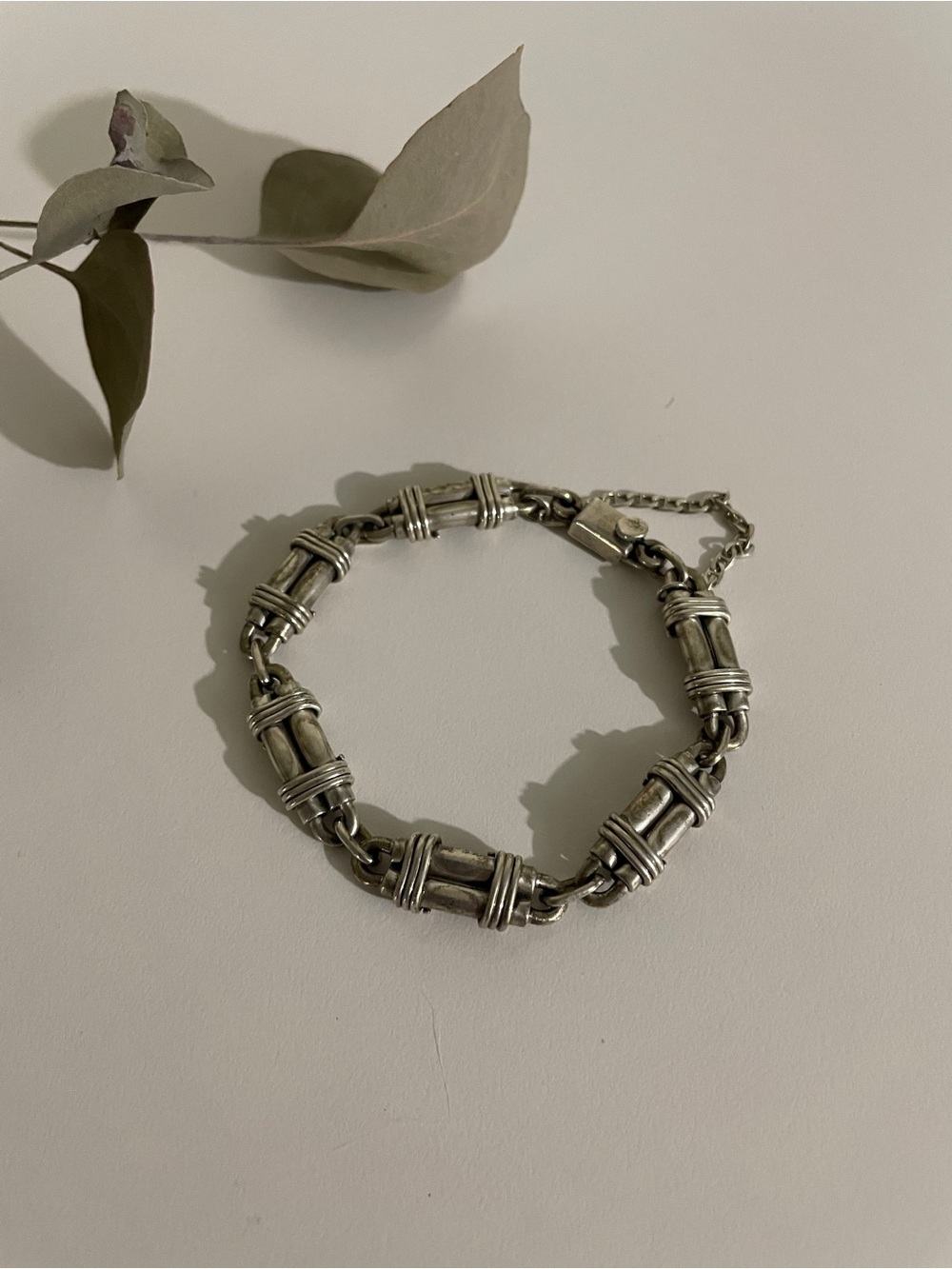 Chunky Silver-Tone Tubular Link Bracelet w. clasp security chain - 925 Mexico